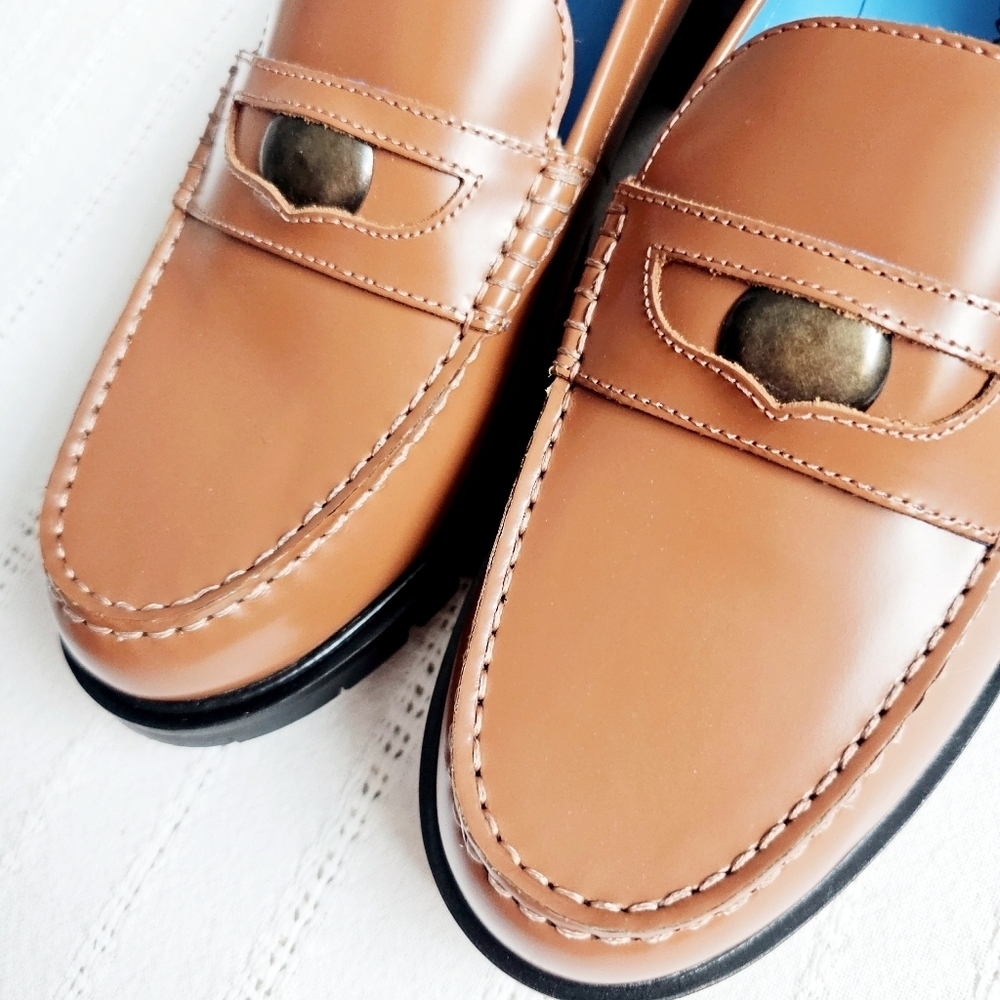 Free People Leather Penny Loafers Liv Slip On Chunky Brown Neutral Size 10 NIB - Picture 9 of 16